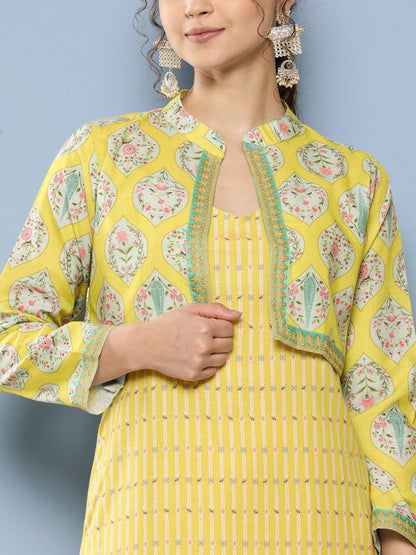 Ahalyaa Women Yellow Floral Printed Kurta with Trousers & Jacket