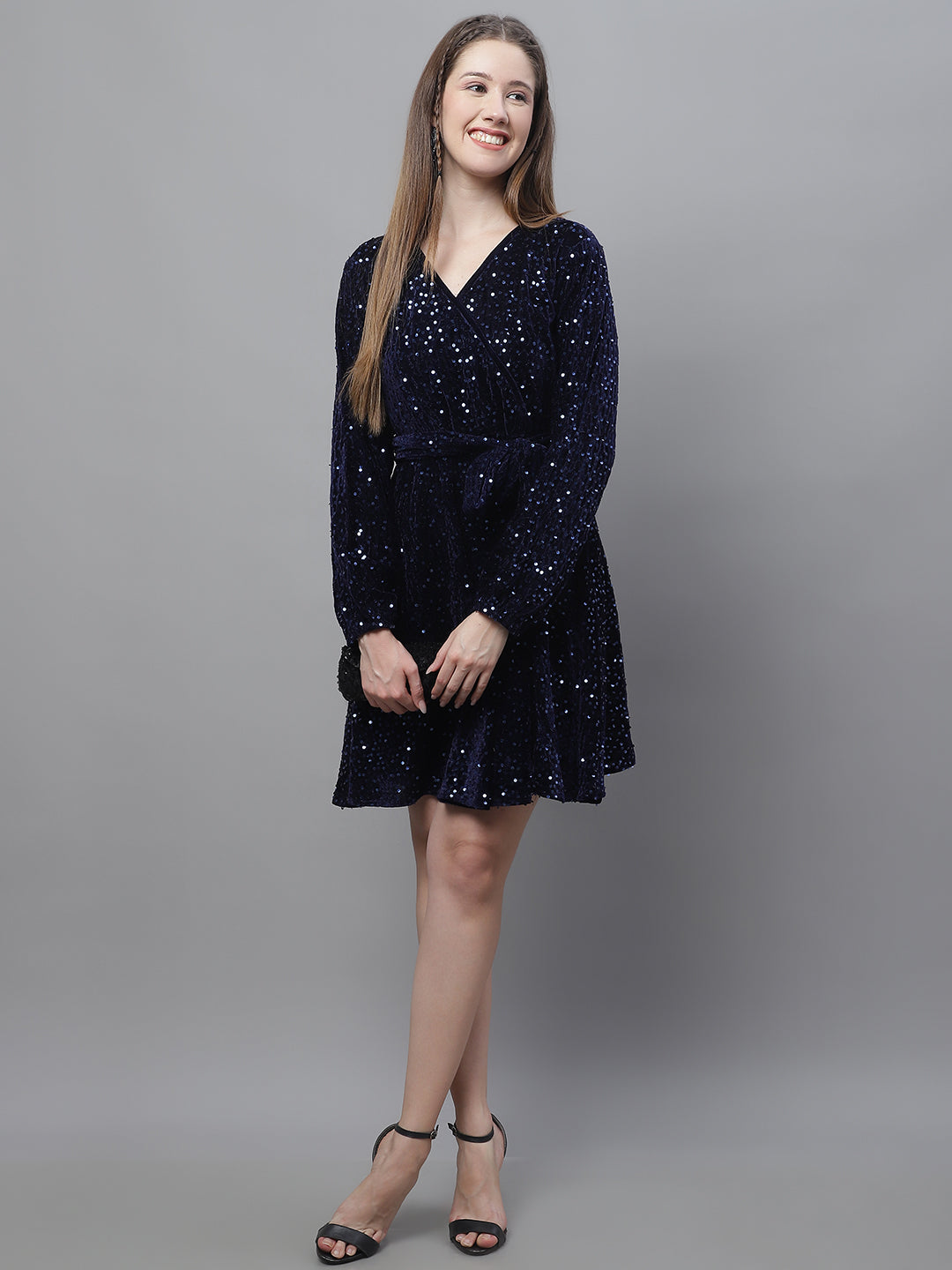 Jainish Women's WoSequin Velvet A-line dress - Navy Blue