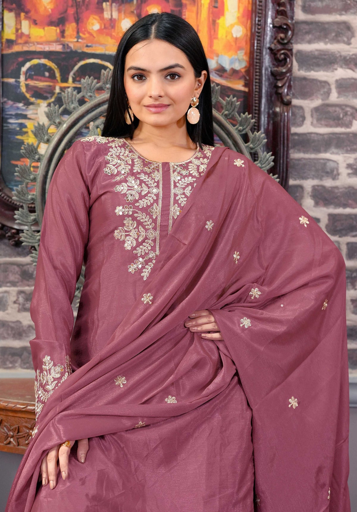 Yash Enterprise Floral Embroidered Chinon Silk Pink Readymade Salwar Suit