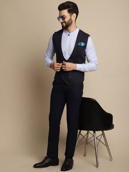 Even Apparels Men's Blue Woolen Double Breast Waistcoat