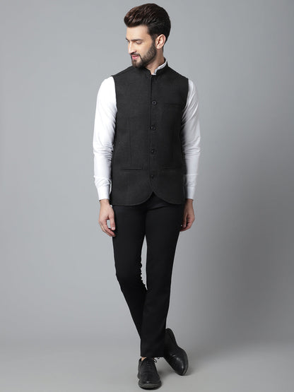 Even Apparels Men's Black Pure Wool Nehru Jacket