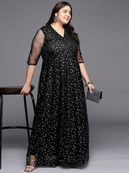 Ahalyaa Plus Size Printed Net V-neck Maxi Ethnic Dress