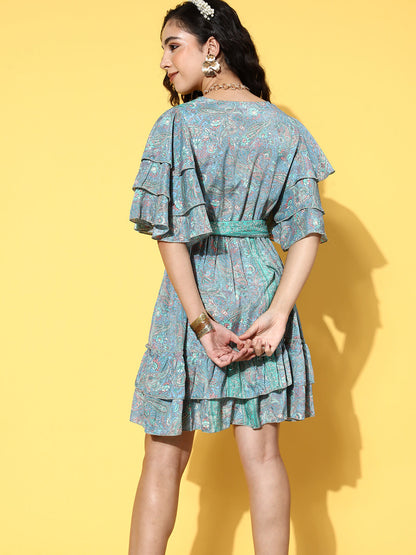InWeave Women's Sparky Blue Ruffled Tie Up Dress