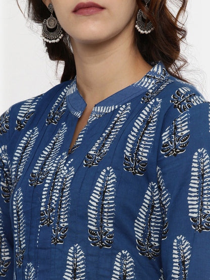 Souchii Navy Blue Printed A-Line Kurta