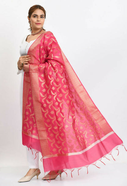 Mominos Fashion Moeza Women's Banarsi Silk Floral Woven Design Pink Dupatta