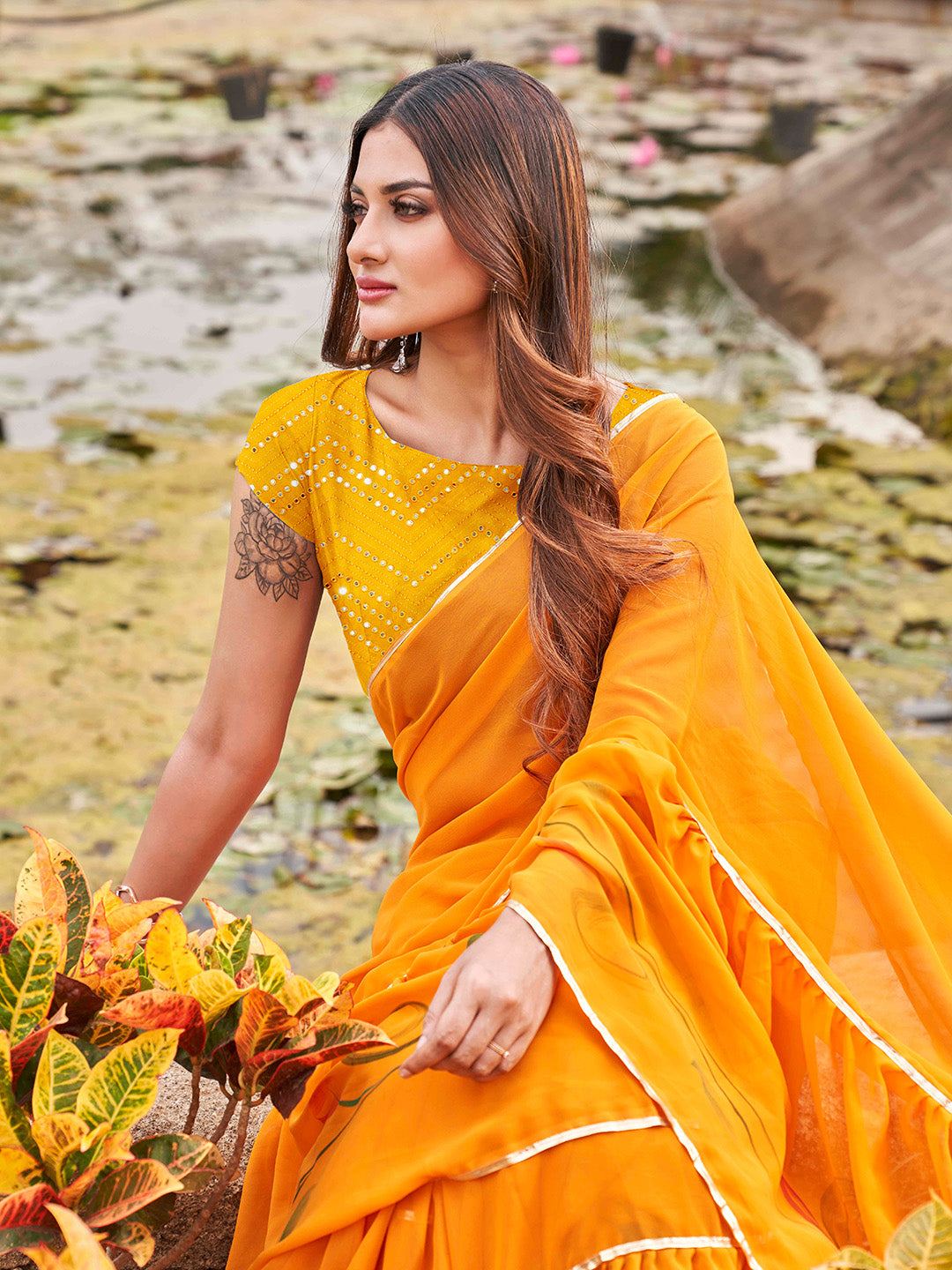 Tikhi Imli Mustard Yellow Gotta Patti Ruffles Saree