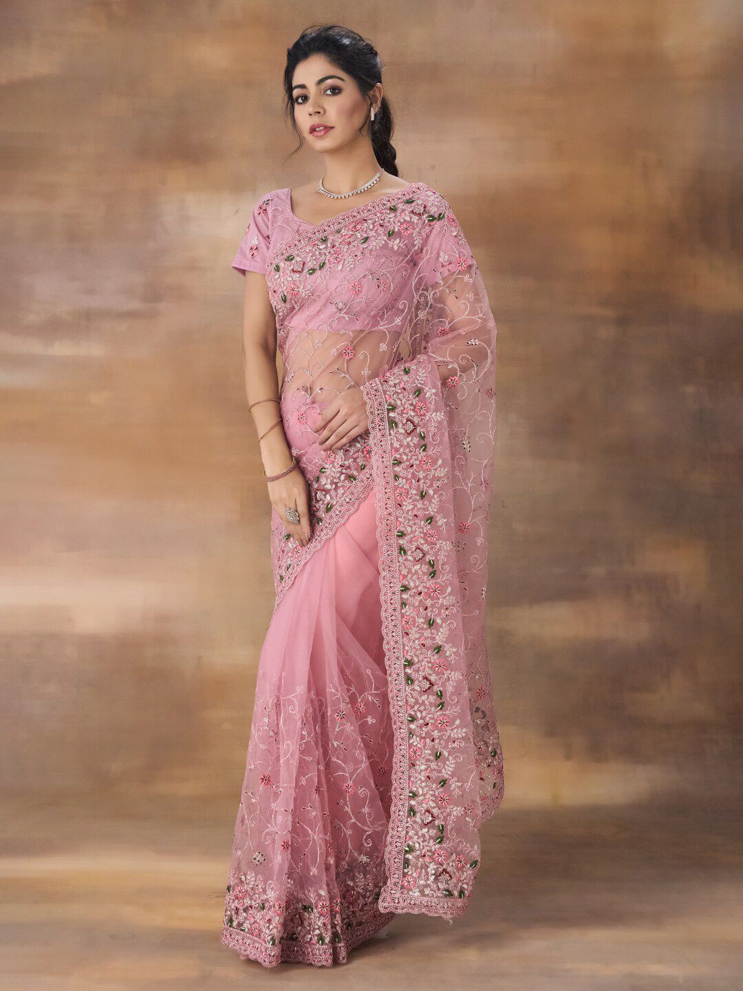 kasee Floral Embroidered Net Saree With Blouse Piece