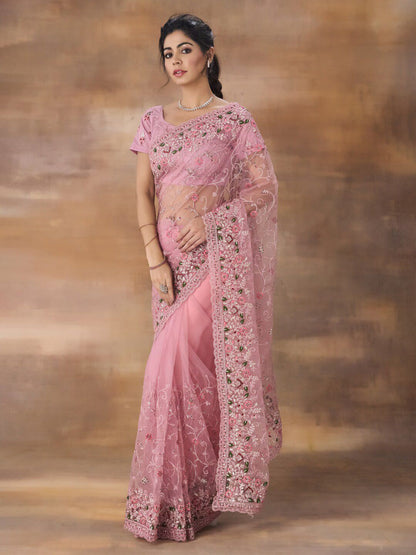 kasee Floral Embroidered Net Saree With Blouse Piece