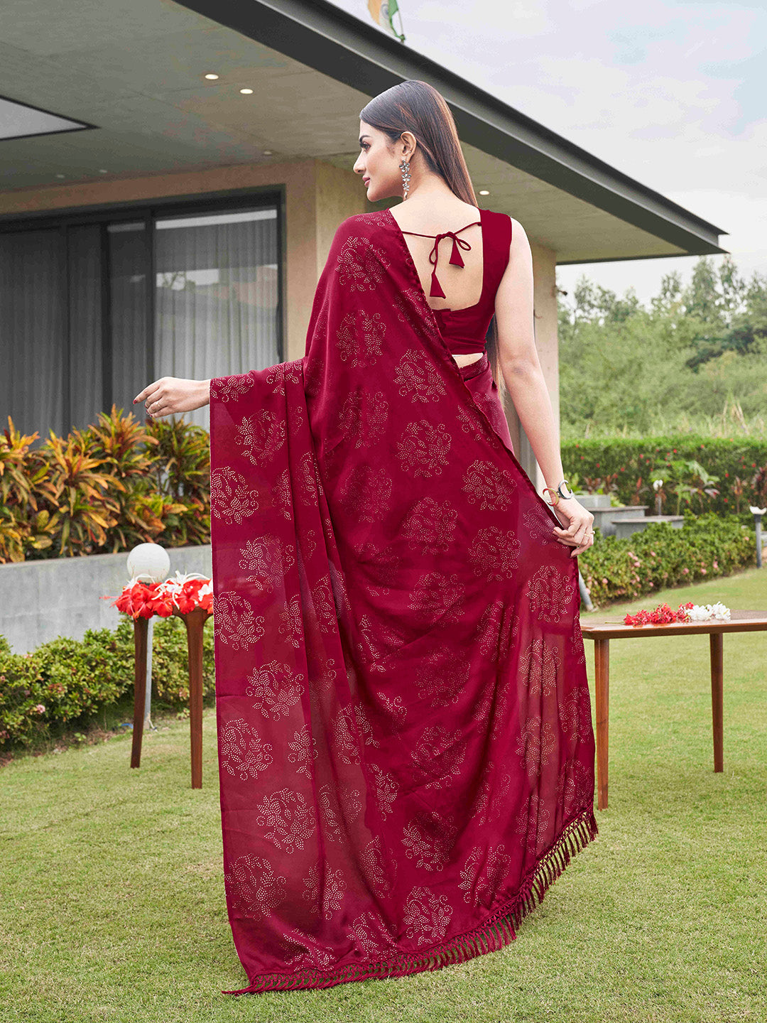 Tikhi Imli Embellished Half and half Satin Saree With Tassels