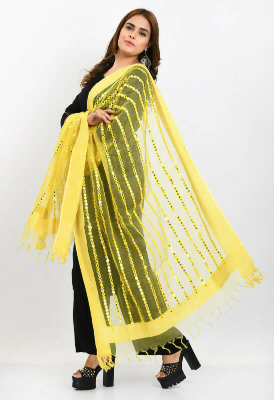 Mominos Fashion Moeza Women's Orgenza Mirror Stripe Thread Work Lemon Yellow Dupatta