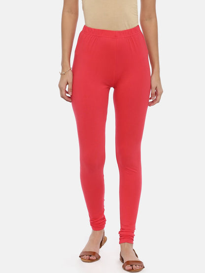 Souchii Red Solid Slim-Fit Churidar-Length Leggings
