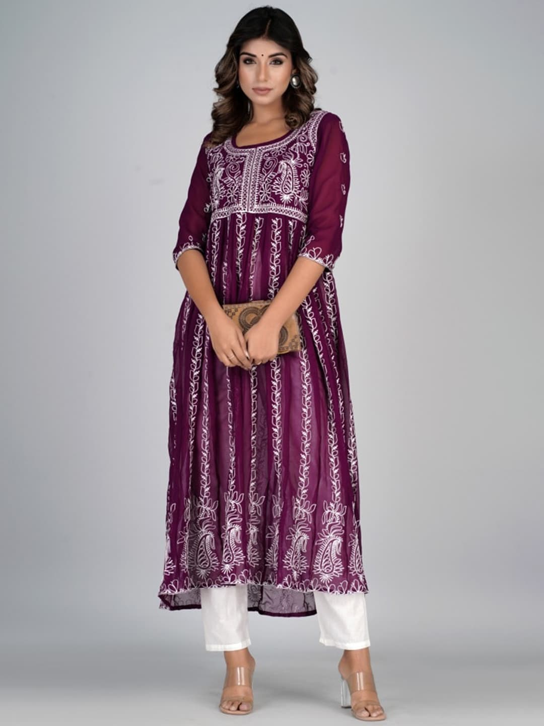 HERE&NOW Purple & White Floral Embroidered Paneled Georgette Anarkali Kurta