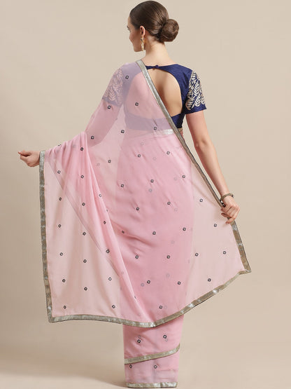 Saree Mall Pink & Navy Blue Embroidered Saree