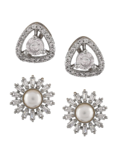 Shoshaa Set of 2 Silver-Toned Ad Stones Contemporary Studs Earrings