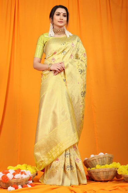 Jyoti Fashion Women's Cream Kanjivaram Silk Zari Woven Saree with Blouse