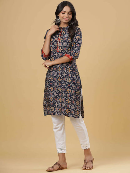 Juniper Women's Navy Printed Straight Knee Length Kurta