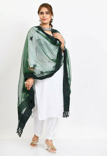 Mominos Fashion Moeza Women's Orgenza All Over Chikan Work Bottle Green Dupatta