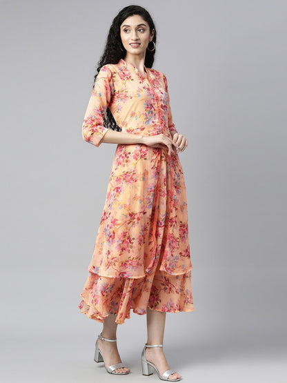 Souchii Peach-Coloured Floral Layered Chiffon A-Line Midi Dress