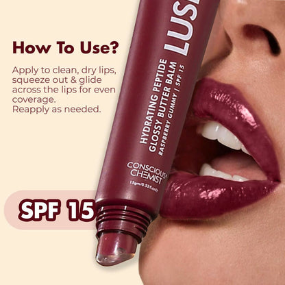 Conscious Chemist Peptide Lip Balm, Lush Lips with SPF15 - Raspberry Gummy