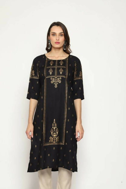 Maai Rayon Hand Printed Kurta Black