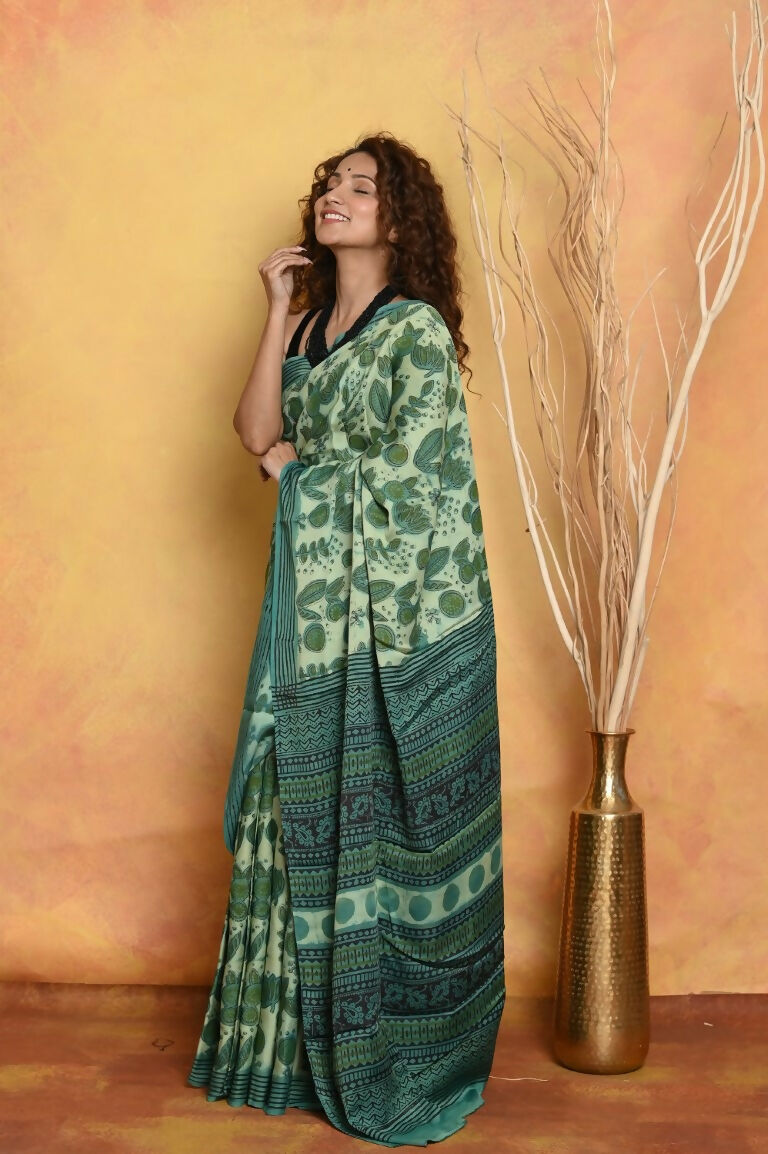 Very Much Indian Designer Modal Silk Saree With With Beautiful Floral Print - Sea Green