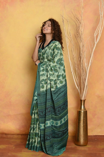 Very Much Indian Designer Modal Silk Saree With With Beautiful Floral Print - Sea Green
