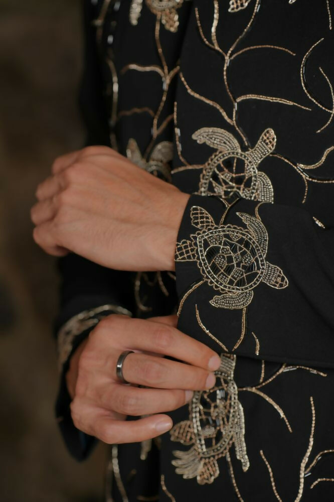 Classic Black Bandhgala Ensemble – Tortoise Embroidery by Hilo Design
