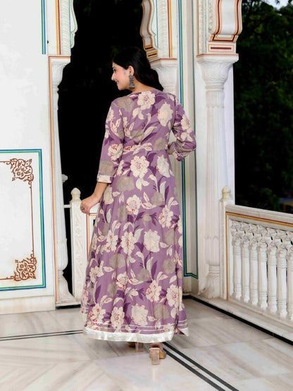 Miravan Women's Purple Flower Printed With Lace Border Anarkali Kurta With Dupatta Set