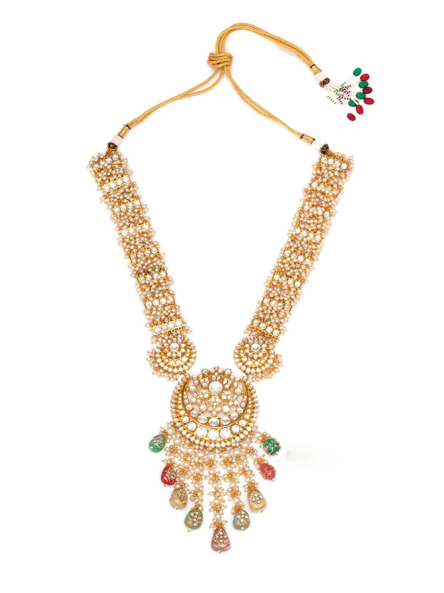 Long Kundan Neckpiece with Earrings & Maang Tikka with Multi Stones Jewellery Set (Gold) - Ruby Raang