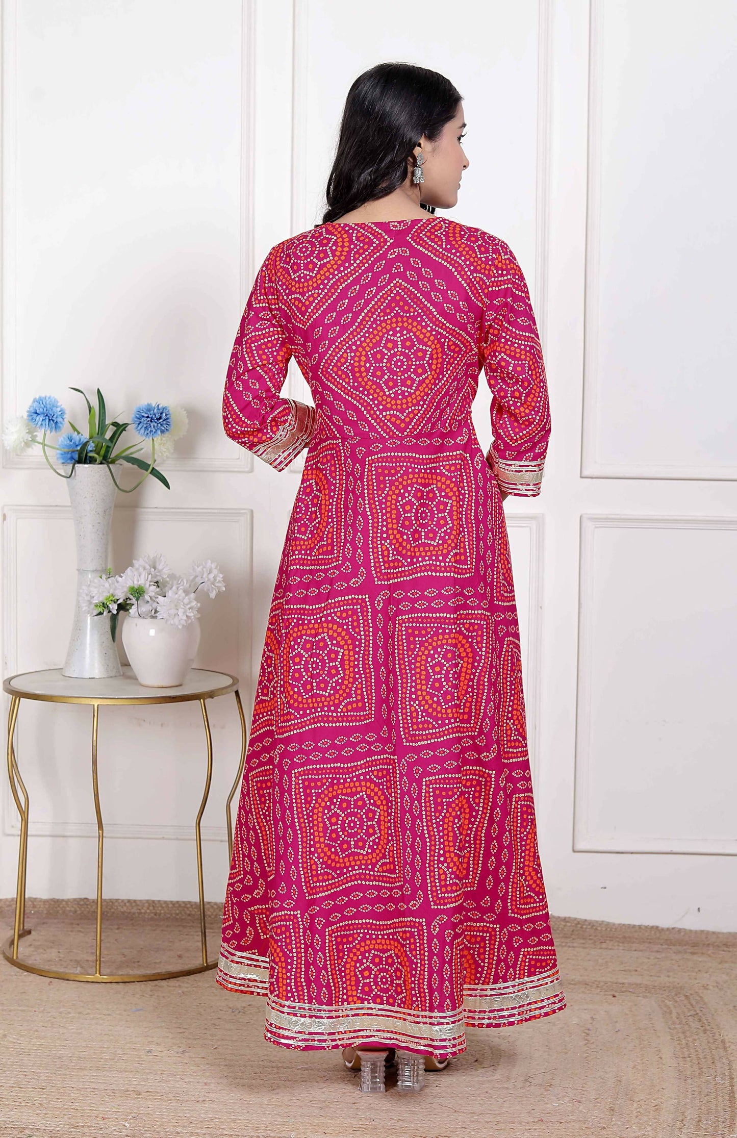 Miravan Women's Pink Cotton Bandhani Ethnic Anarkali Kurta