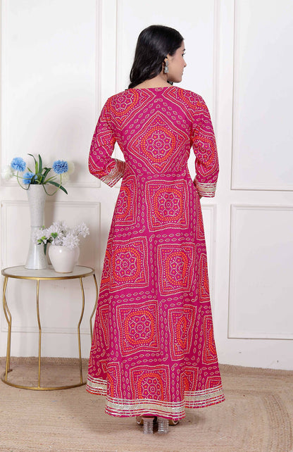Miravan Women's Pink Cotton Bandhani Ethnic Anarkali Kurta