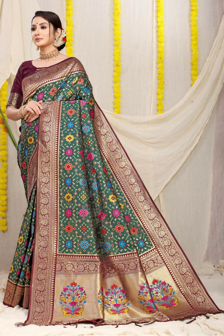 Jyoti Fashion Women's Bottle Green Patola Silk Zari Woven Saree with Blouse