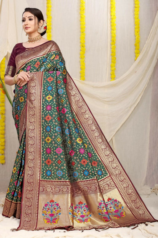 Jyoti Fashion Women's Bottle Green Patola Silk Zari Woven Saree with Blouse