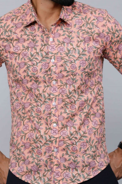 Miravan Men's Orange Printed Full Sleeve Cotton Shirt