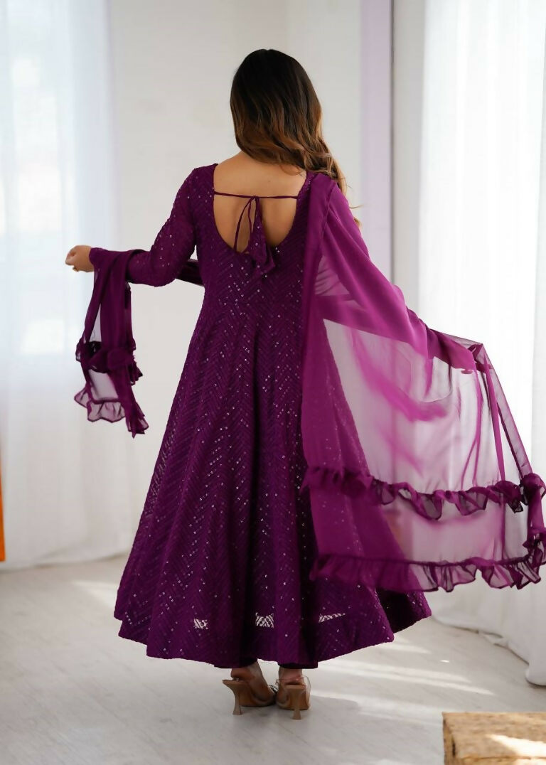 Teeya Creation Wine Color Heavy Embroidery Work Georgette Fabric Wedding Wear Gown