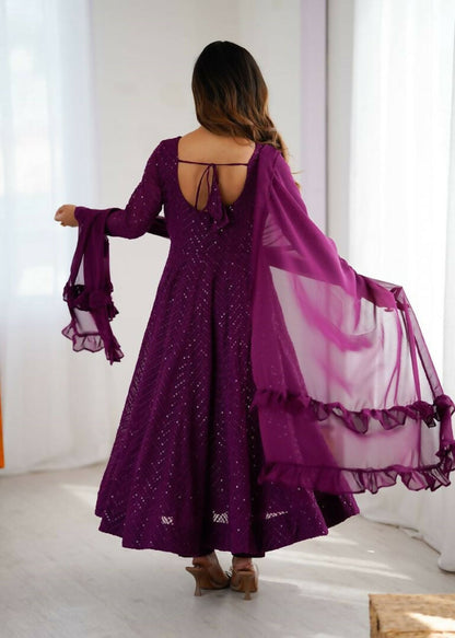 Teeya Creation Wine Color Heavy Embroidery Work Georgette Fabric Wedding Wear Gown