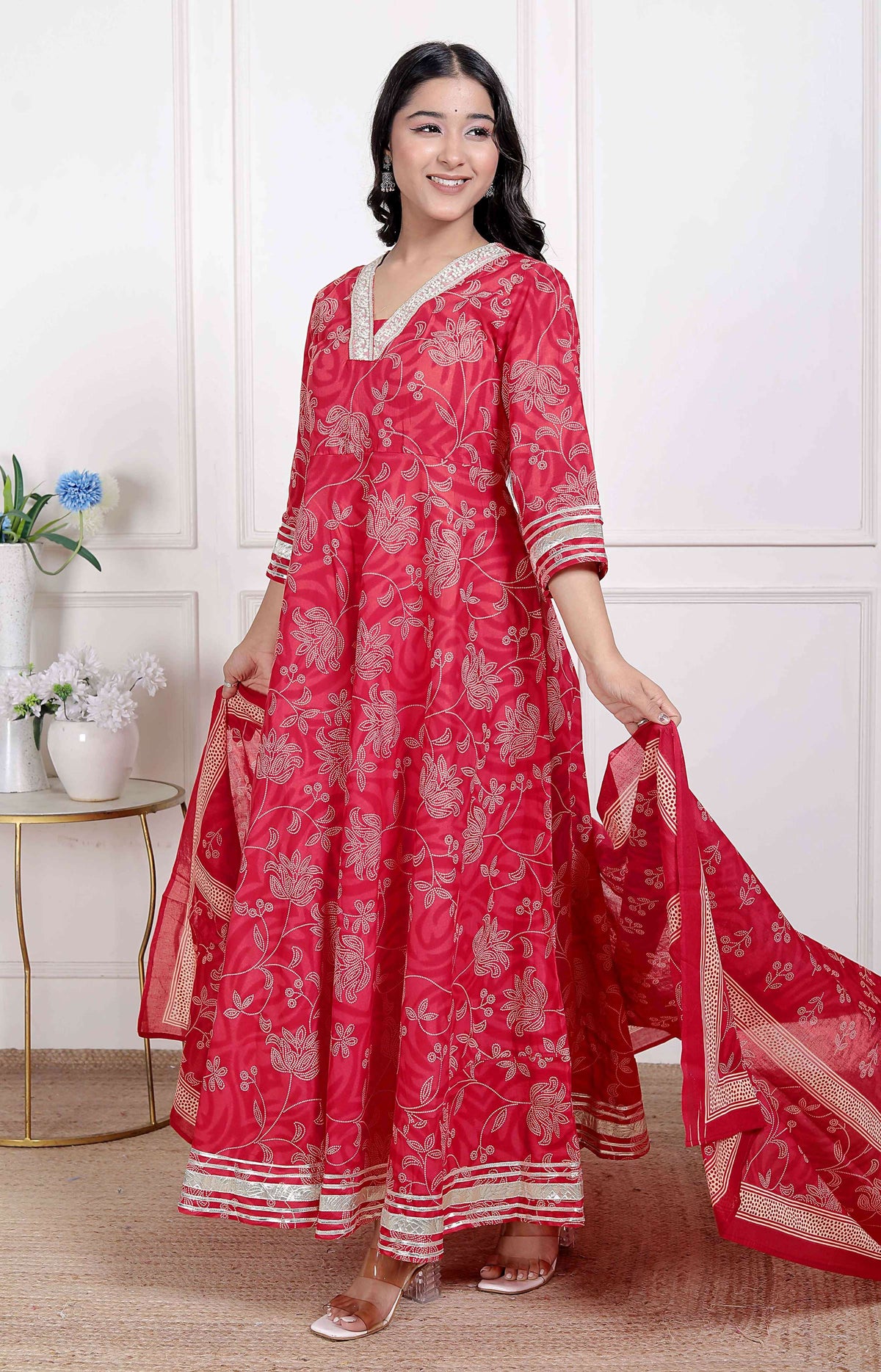 Miravan Women's red Embroidered Anarkali Kurta and Dupatta 