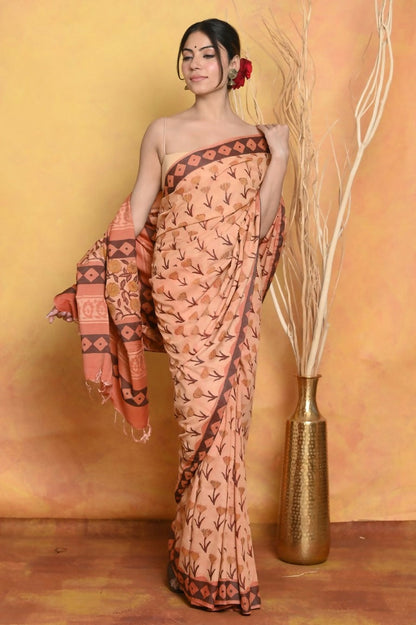 Very Much Indian Designer Modal Silk Saree With With Beautiful Floral Print - Light Orange