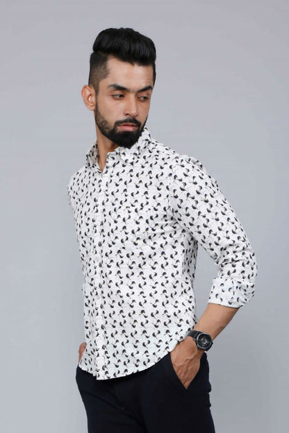Miravan Men's White Spread Collar Bird Print Casual Shirt