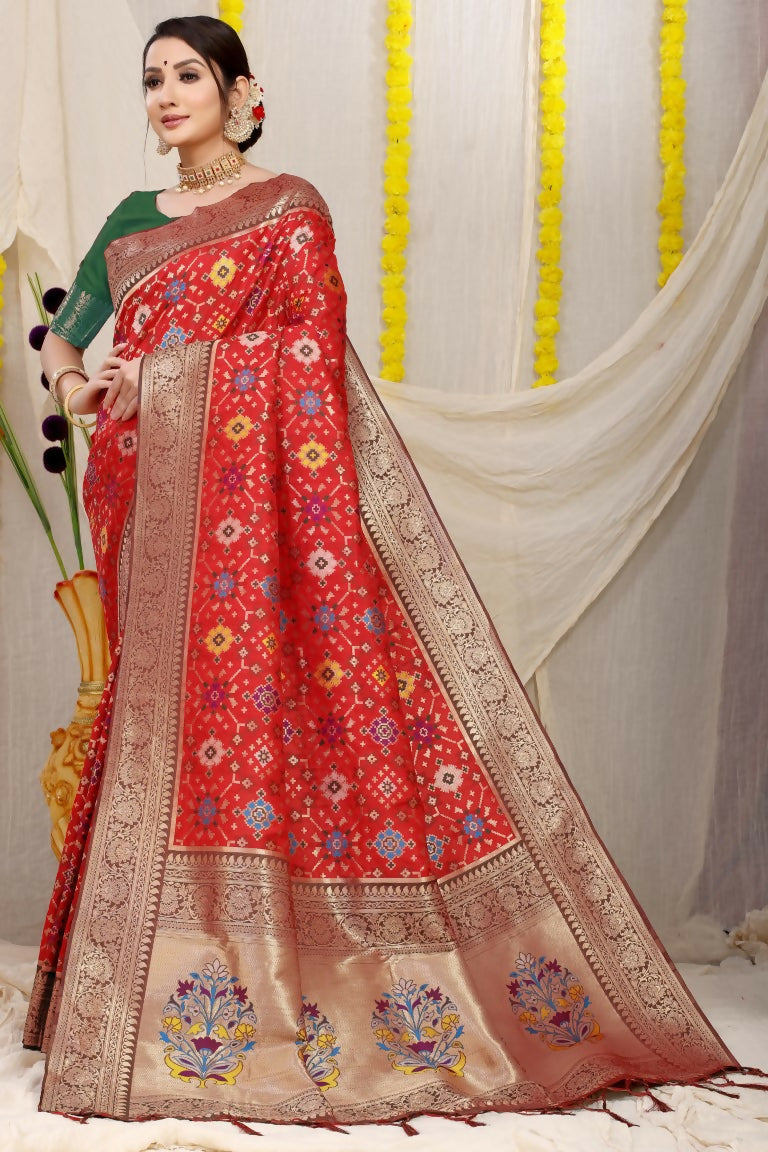 Jyoti Fashion Women's Red Patola Silk Zari Woven Saree with Blouse