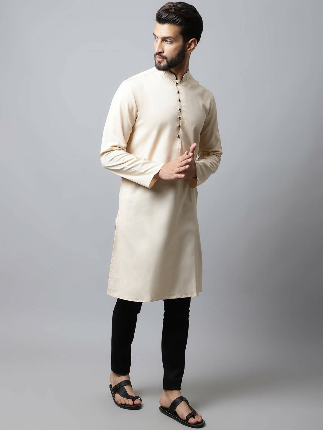 Even Apparels Cream Color Pure Cotton Men's Kurta With Side Placket (SLD1176)