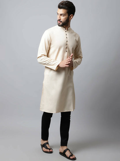 Even Apparels Cream Color Pure Cotton Men's Kurta With Side Placket (SLD1176)