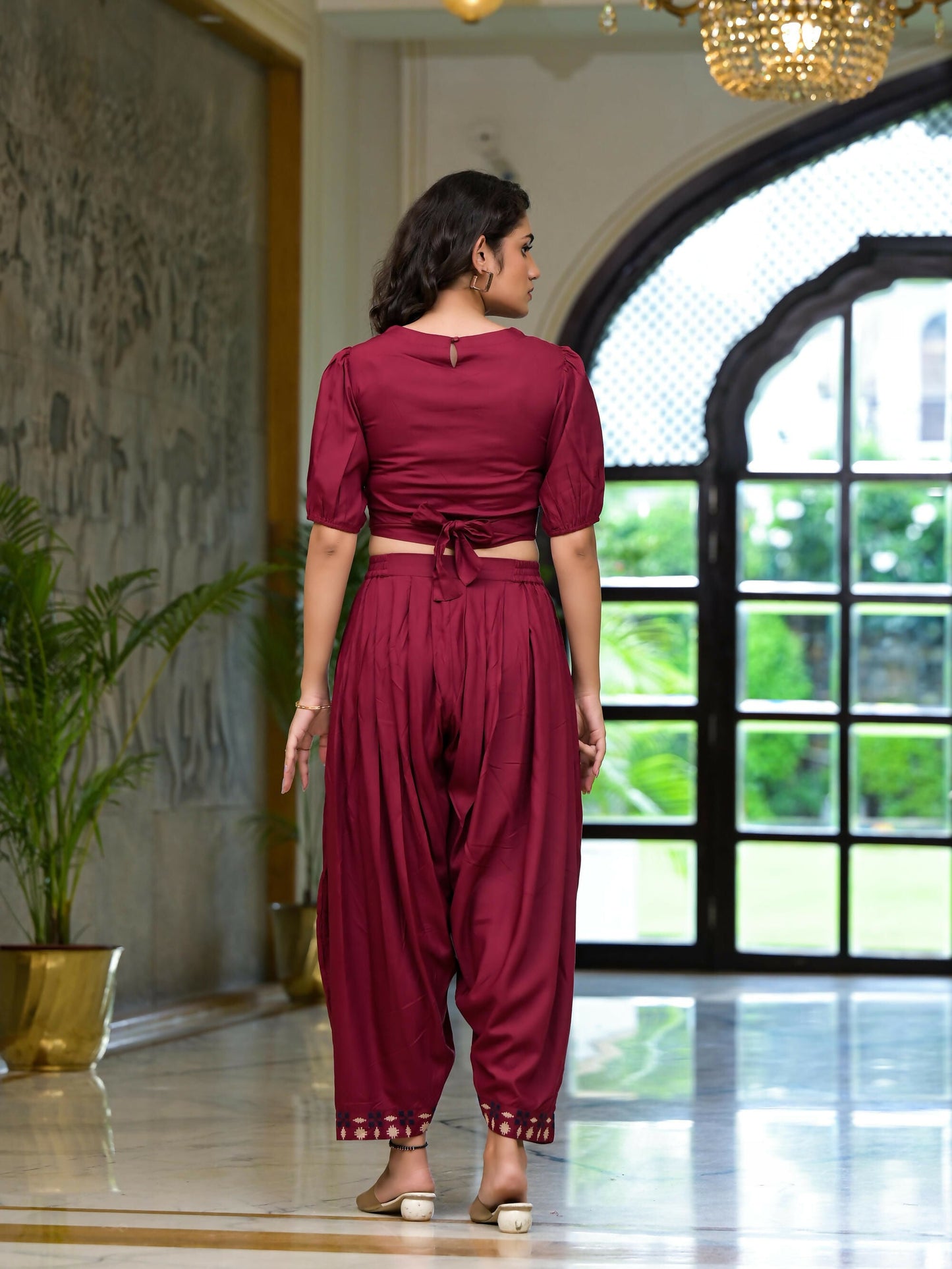 Juniper Women's Rust Thread Embroidered Rayon Top & Dhoti Pant Set