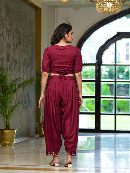 Juniper Women's Rust Thread Embroidered Rayon Top & Dhoti Pant Set