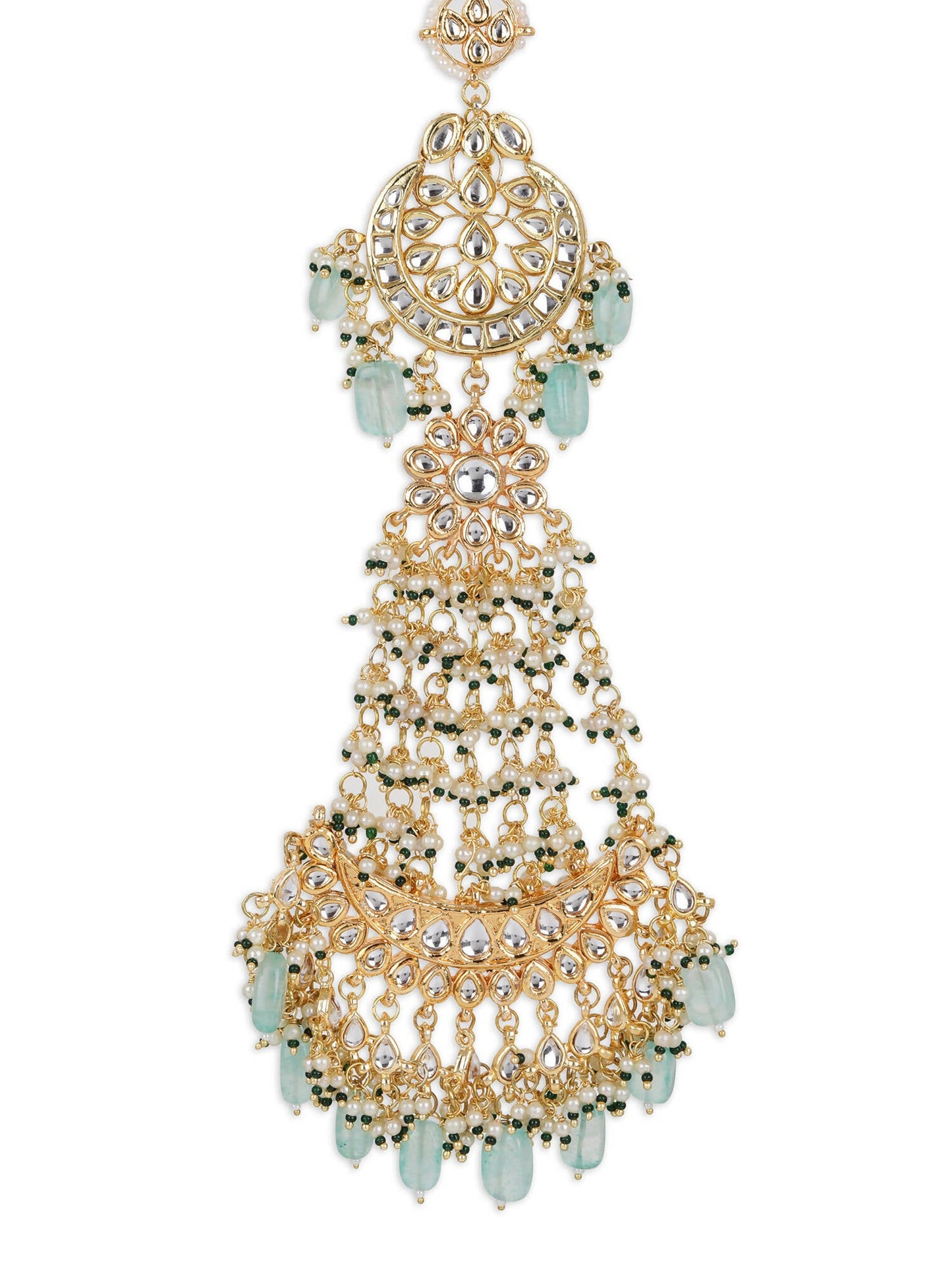 Gold-Polished White Blue Kundan-Studded Pearl Beaded Matha Patti - Ruby Raang