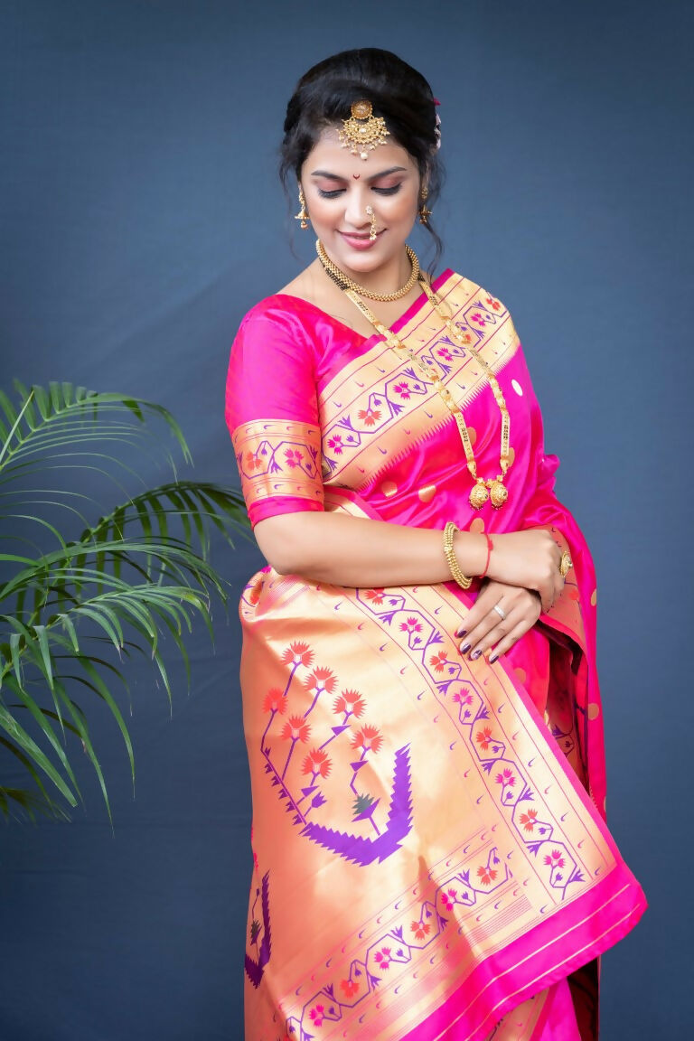 Jyoti Fashion Women's Pink Paithani Silk Zari Woven Saree with Blouse