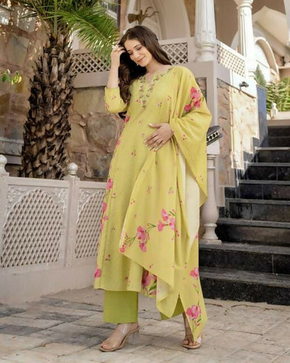 The52 Lemons Women's Beautiful Chanderi Fabric Printed Work Straight Kurta Pant and Dupatta Set