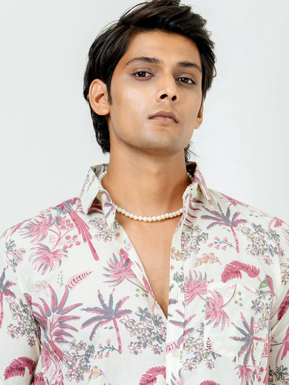Miravan Men's Pure Cotton Light Pink Bird And Floral Printed Full Sleeve Slim Fit Shirt