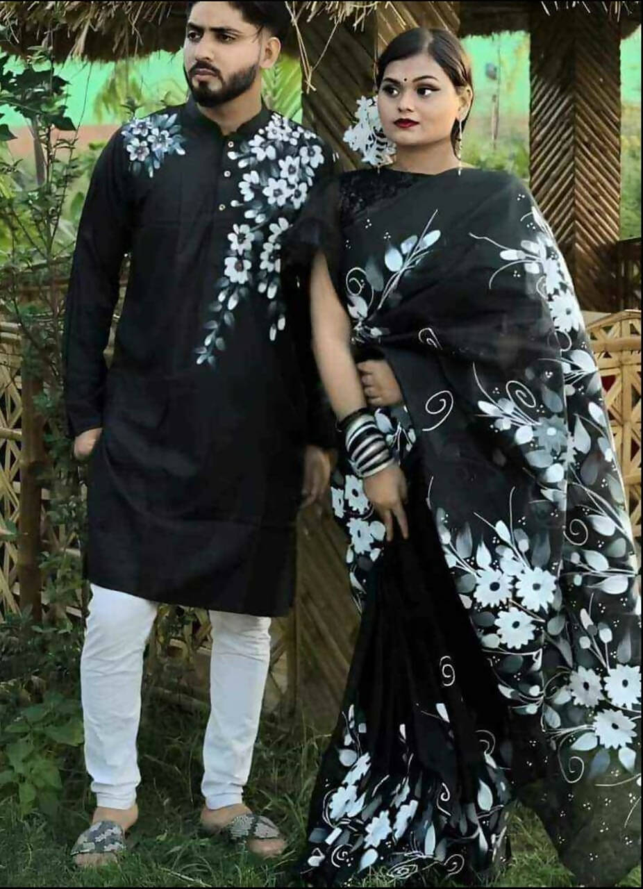 Exclusive Collection Elegant Hand Printing Designe On Pure Cotton Saree And Men's Kurta - Black