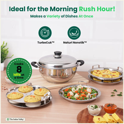 The Indus Valley 8 Pit Tri-Steel Multi Pot Premium Stainless Steel Idli/ Dhokla/ Momo Maker/ Veg Steaming Set, Tri-ply Induction Bottom, 5 Plates, 3L
